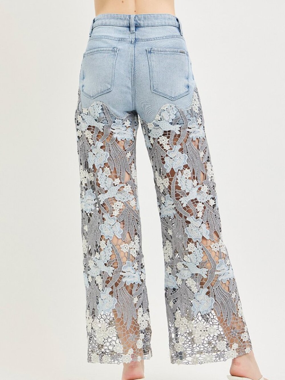 AR_PW21784 L Risen High Rise Wide Patchwork Lace Panel Jeans Various Sizes - Picture 4 of 4